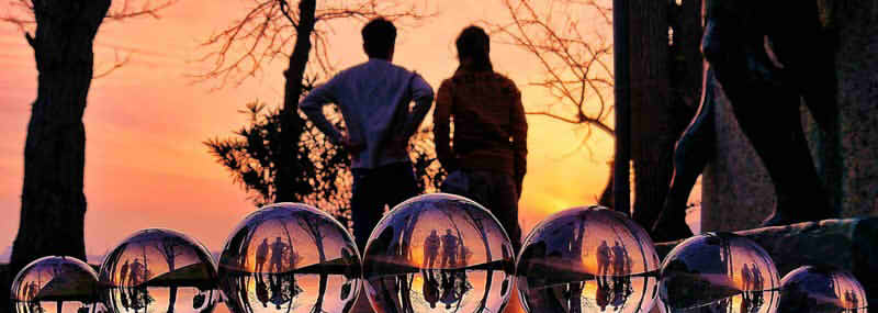 夕日をバックに男性二人の後ろ姿の画像